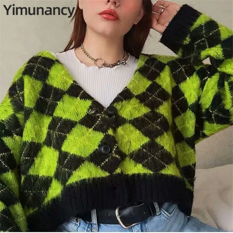 Yimunancy, Осень-зима, мохер, свитер, женский, длинный рукав, вязаный кардиган, для девушек, v-образный вырез, Повседневный, зеленый, в клетку, свитера, уличная одежда