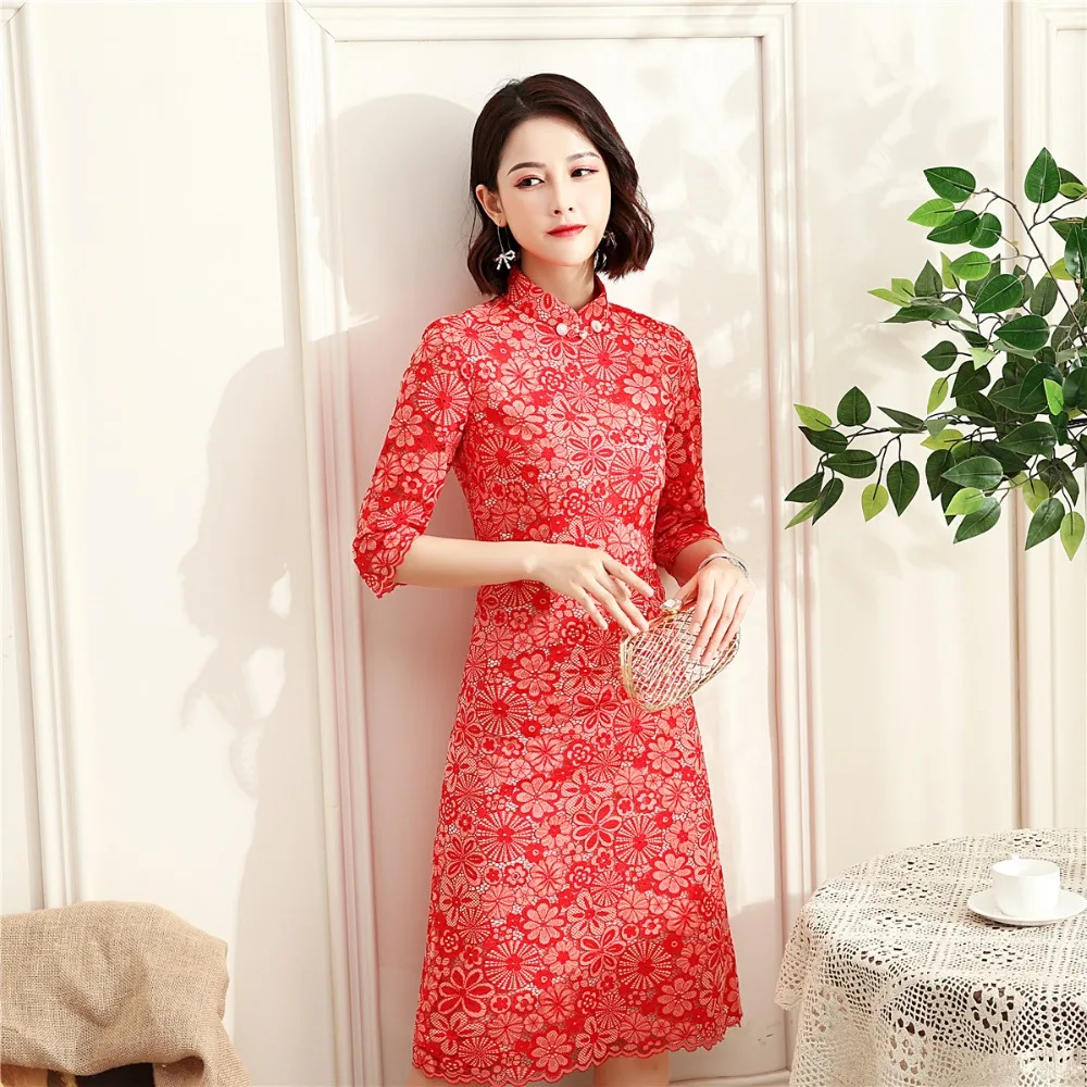 Шанхай история восточное платье китайские традиционные платья Длинные Cheongsam Половина рукава Кружева Qipao женское китайское платье 2 цвета
