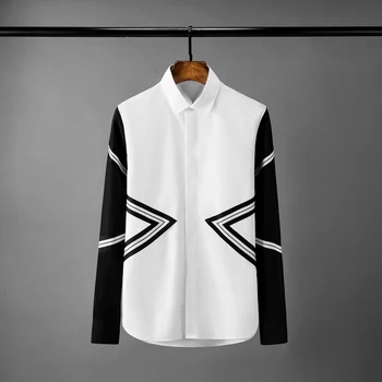 

NEW White Black Contrast Color Mens Shirts Luxury Long Sleeve Cotton Mens Dress Shirts Fashion Slim Fit Party Man Shirts