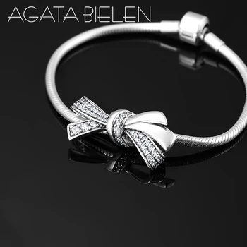 

Fashion 925 Sterling Silver DIY spring bowknot shape clear CZ fine beads Fit Original Pandora Charms Bracelets making
