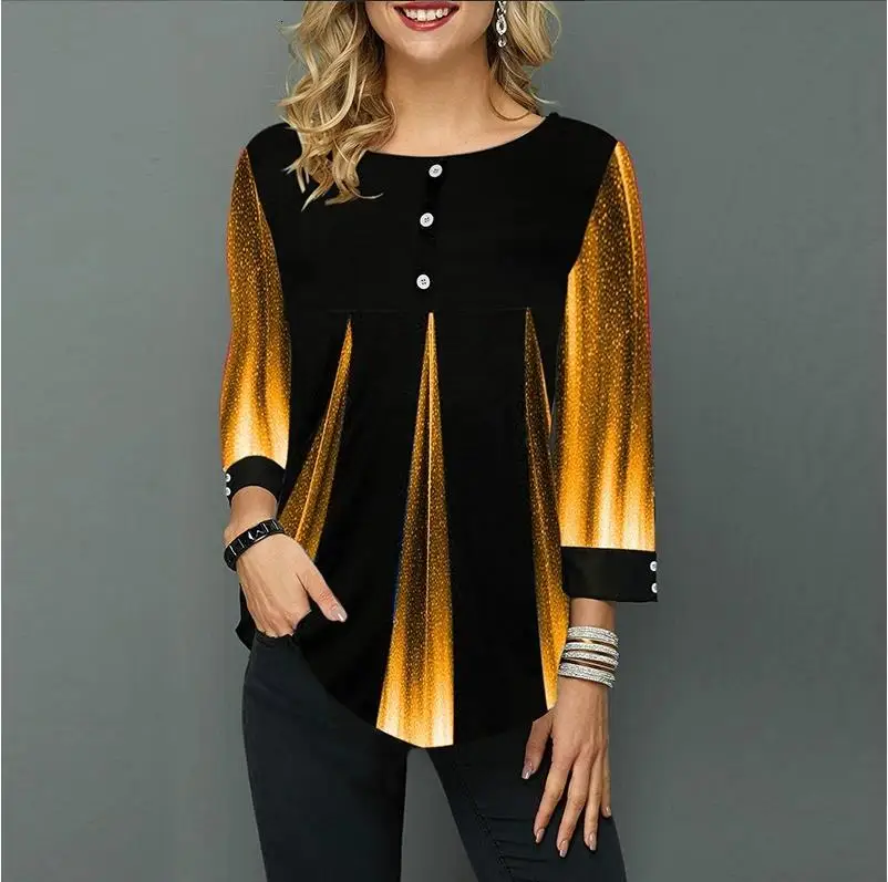 Популярная Женская весенне-осенняя блузка с круглым вырезом, 3/4 рукав, повседневный принт, на пуговицах, женские модные топы размера плюс, уличная рубашка - Цвет: gold