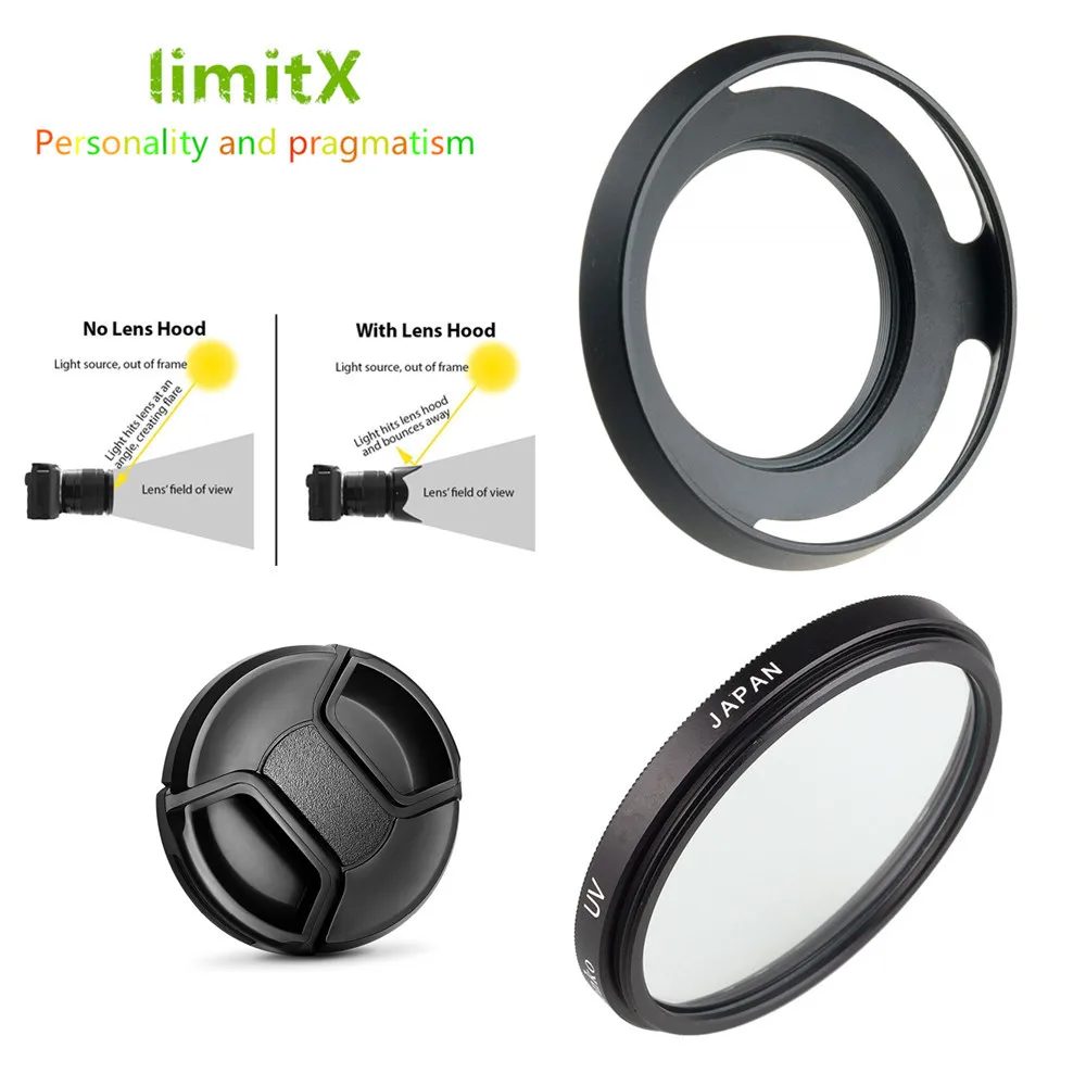 UV Filter+ Metal Lens Hood+ Cap for Fujifilm X-T100 X-T30 X-A20 X-A7 X-A5 XA20 XA7 XA5 XT30 XT100 Camera with 15-45mm lens - Цвет: Black