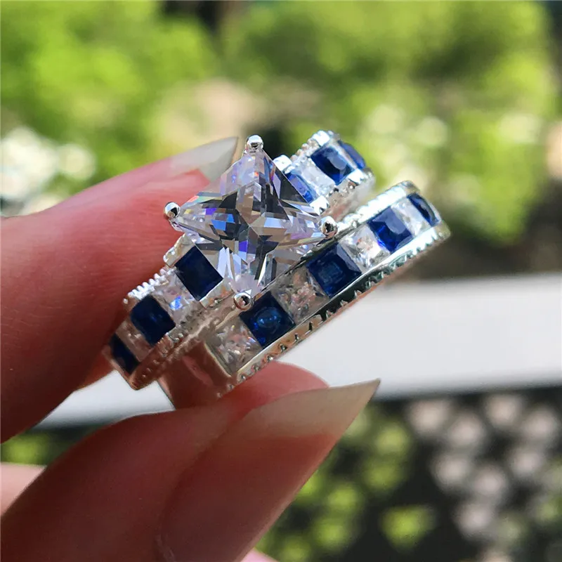 

Cute Female Ladies Green Blue Zircon Ring Set Fashion Silver Gold Color Wedding Ring Luxury Promise Engagement Rings For Women