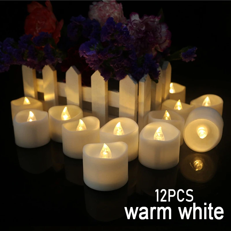 12pcs Warm White Rantion 24 шт./компл. Беспламенного светодиодный свечи Мерцание Лампы в форме свечи Батарея управляемая Чай светильник имитации пламени мигающий дома - Цвет: 12pcs Warm White