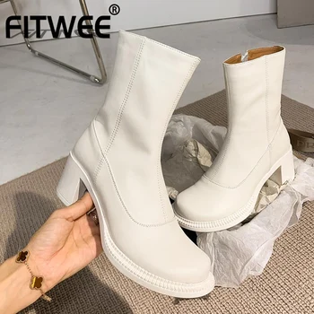 

FITWEE Fashion Women Half Short Boots Women Zipper Shoes Women Winter Boots Woman Thick Heel Shoes Party Footwear Size 34-39