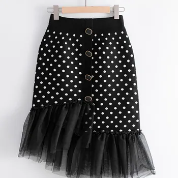 

Elastic High Waist Slim Women Skirt Elegant Irregular Wave Point High Waist Autumn Winter Korean Long Paragraph Skirt