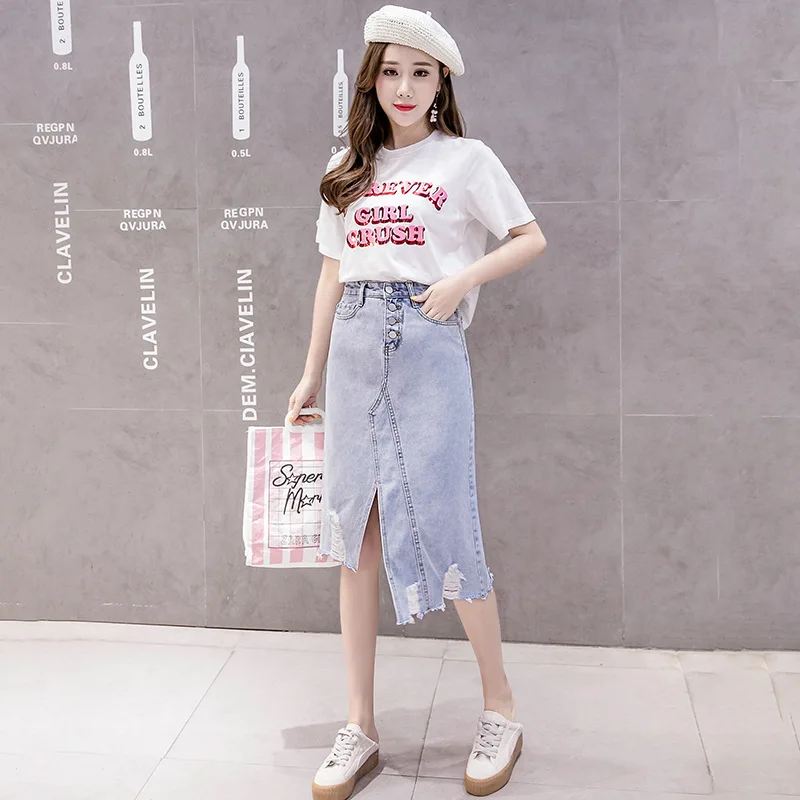 

2019 New Style Irregular with Holes Denim Skirt High-waisted Slit Mid-length Step Sheath A- line Skirt Women's