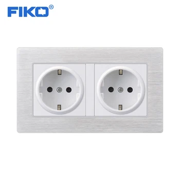 

FIKO Grey 2 Gang Double EU Wall Electric Outlet Socket German Plug Silver Brushed Aluminum Panel Double Plate 146 * 86 mm