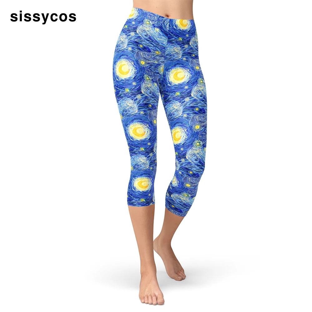 

Starry Night Painting Printed Capris for Women Stars Moon Sky Blue Pattern Elastic Leggings Brushed Buttery Soft Stretch Pants