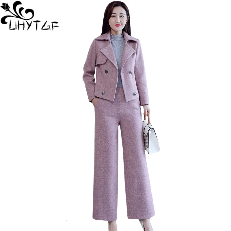 Uhytgf Wollen Set Vrouwelijke Toevallige Sport Herfst Winter Tweedelige Set Double-Breasted Korte Jas + Wijde Broek Suits womens 1276 Uhytgf Wollen Set Vrouwelijke Toevallige Sport Herfst Winter Tweedelige Set Double-Breasted Korte Jas + Wijde Broek Suits womens 1276