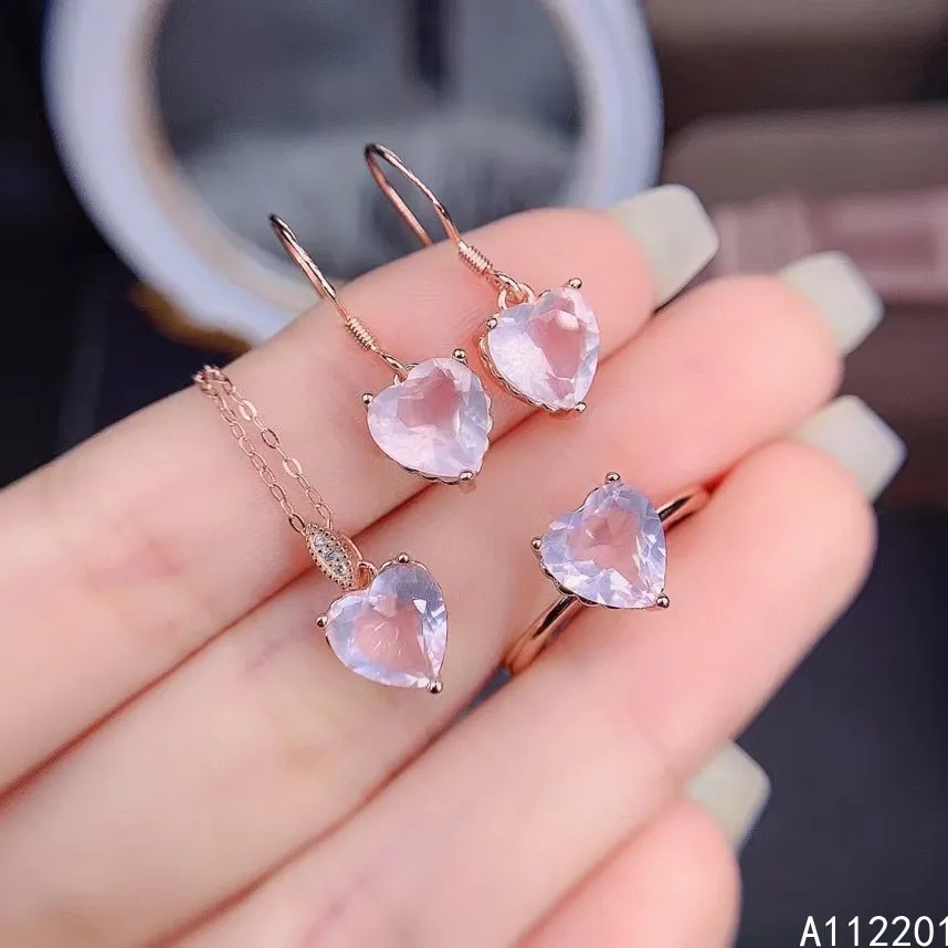 

Fine Jewelry 925 Pure Silver Inset With Natural Gem Women's Luxury Lovely Heart Rose Quartz Pendant Ring Earring Set Support Det