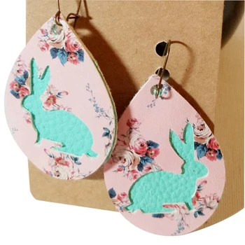 

Happy Easter Hollow Layered Rabbit Printed Teardrop Earrings Faux Leather Earrings Double Water Drop Earrings New