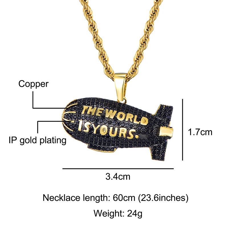 Хип-хоп THE WORLD IS YOURS Blimp Золото Серебро Цвет кубический ожерелье с фианитами и кулоны для мужчин ювелирные изделия с теннисная цепочка