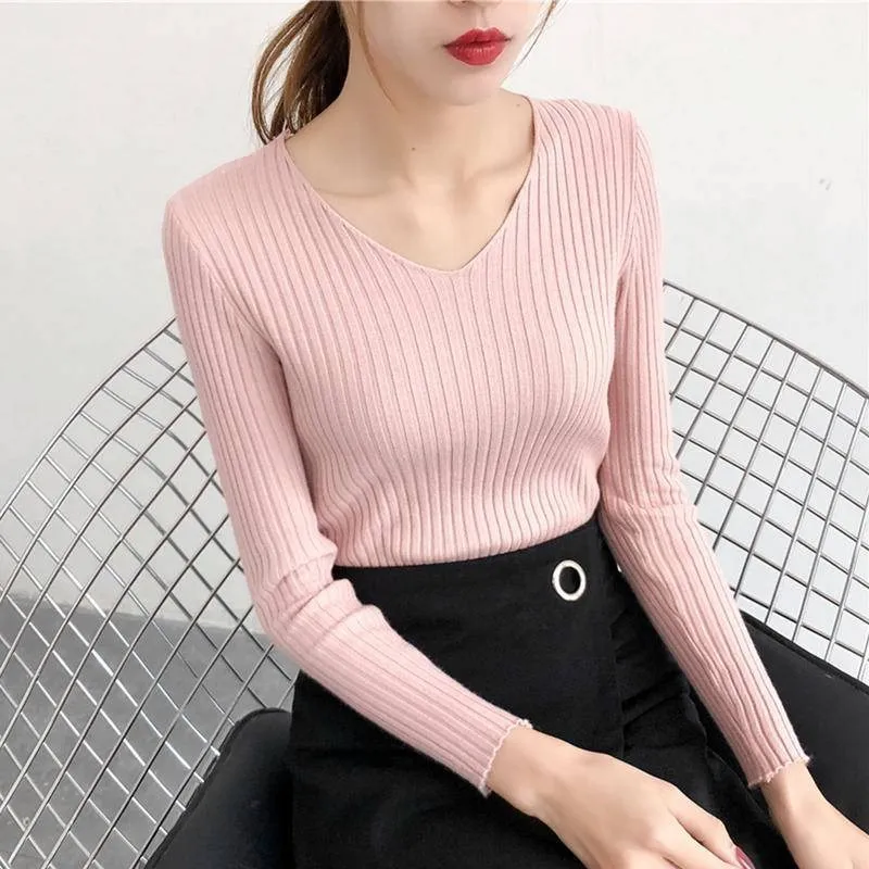 

MYDC Womens Sweaters 2019 Knitting Autumn Winter Multi Colors Office Lady V-Neck Pullover Casual Slim Bottoming Sweaters