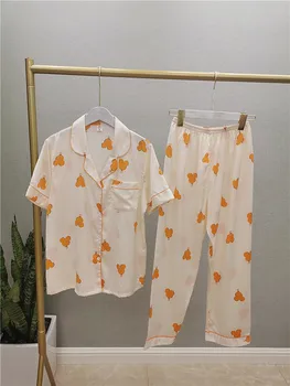 

Faux Silk Satin Pajamas Set 2 Piece Women Spring Flower Plant Printing short Sleeve Sleepwear Pajamas Suit Home wear
