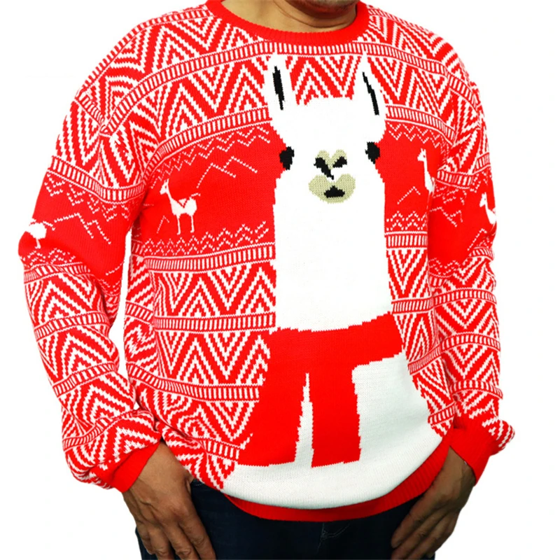Забавный Вязаный рождественский свитер для мужчин с изображением ламы, милый вязаный пуловер, рождественские вечерние свитера из альпаки, рождественский джемпер размера плюс - Цвет: Red