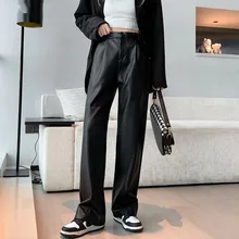 

2021Autumn Winter NewFashionBlack PU Leather Pants Women High Waist Woman Trousers StreetwearHave pockets Wide Leg LoosePant
