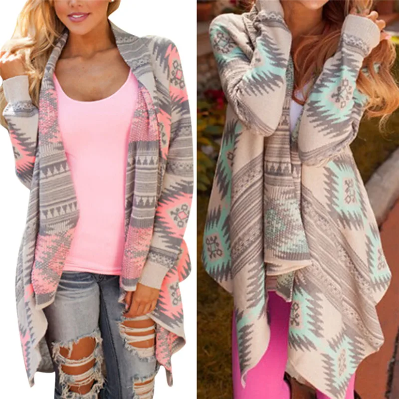 Winter Kimono knitted Cardigan Long Sleeve Poncho Sweaters Print irregular sexy lady warm Jackets Women Tops Good Quality