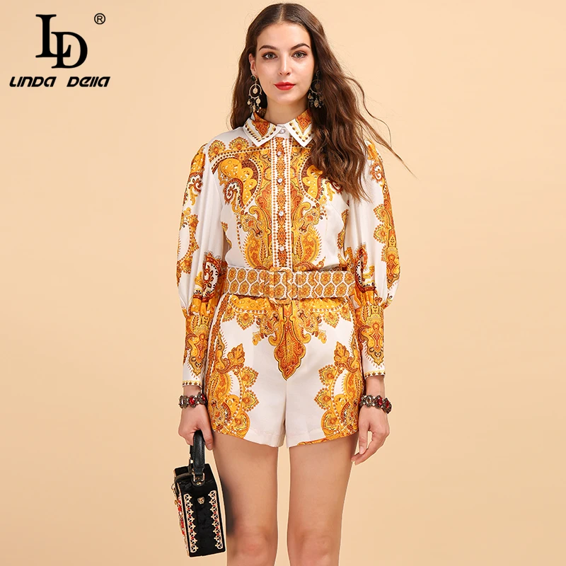 

LD LINDA DELLA Fashion Runway Autumn Suit Women's Lantern Sleeve Printed Shirt And Vintage High Waist Shorts Two Pieces Lady Set