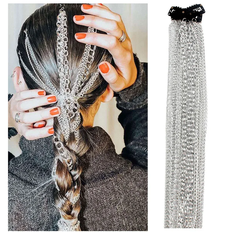 

New Metal Hair Extension Clip Silver Punk Ponytail Hair Chain Clip Women Girls Snap BB Pins Street Club Headdress Accessories