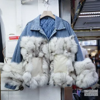 

Denim Cotton-Padded Coat Women's 2020 Winter New Korean Style Leather Pocket Patchwork Fox Fur Thick Quilted Liner Denim Parka