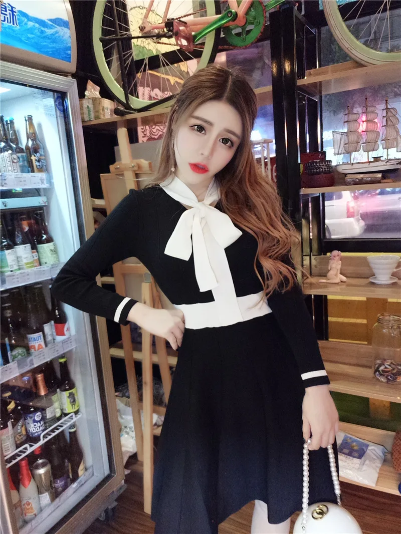 

Photo Shoot 2019 Long Sleeve Bow Jersey Dress Women's Autumn And Winter New Style Sweater Dress Puffy Skirt