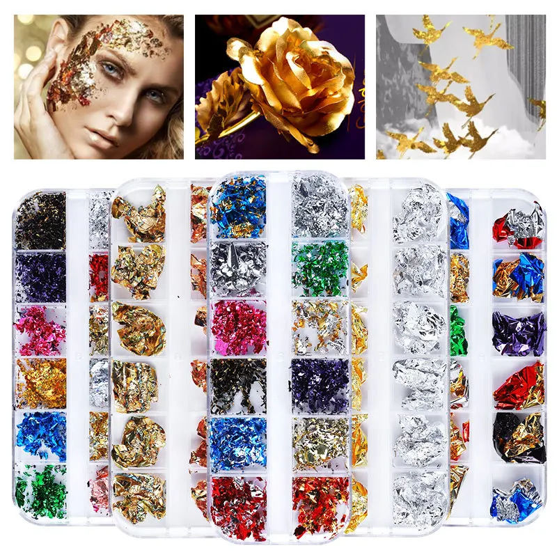12Grid Gold Foils Mixed Nails Glitter Flakes Paillette Chip Aluminum Nail Design Shinny Nail Art Decoration Accessories