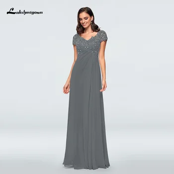 

Elegant Gray Full Length Chiffon Mother of the Bride Dresses Short Sleeve Lace Applique V Neckline Wedding Party Gowns Plus Size
