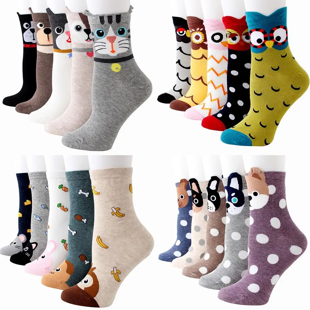 5 пар, модные хлопковые носки для женщин, Осенние милые дышащие жаккардовые теплые Дышащие Носки с рисунком животных для женщин