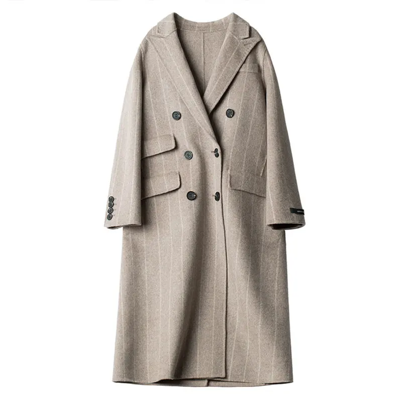

Women's handmade single-breasted wool coat striped cashmere coat loose wool coat long coat