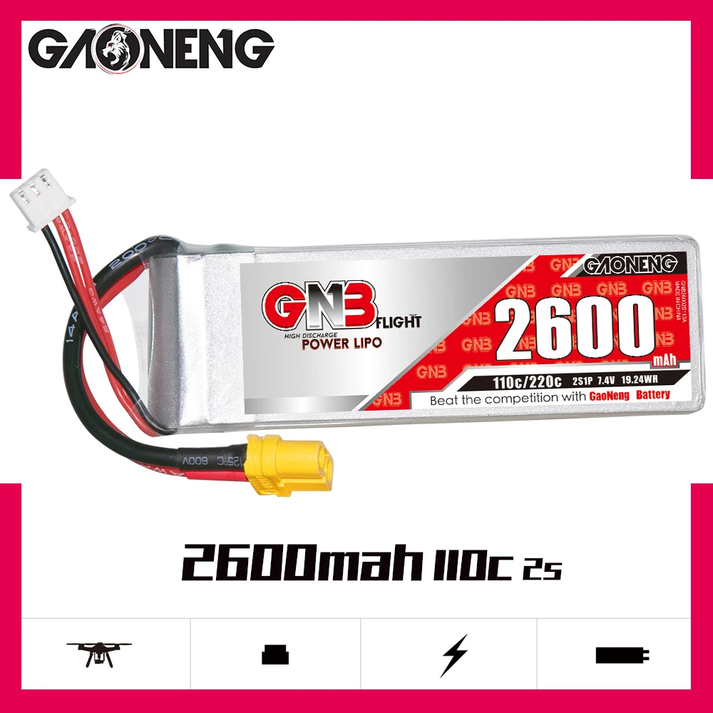 Аккумулятор GAONENG GNB 2600 мАч 2S1P 7 4 В 110C/220C Lipo с разъемом XT60 для радиоуправляемого