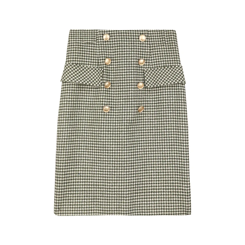 Woolen Double Breasted Skirt Winter Women Vintage Plaid High Waist Femininas Sheath Plaid Skirt