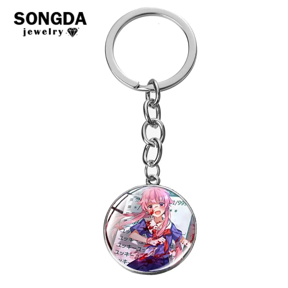 SONGDA Future Diary Mirai Nikki Key Chain Gasai Yuno Cute Pattern Glass Cabochon Hanging Pendant Keychain Japanese Anime Keyring | Украшения
