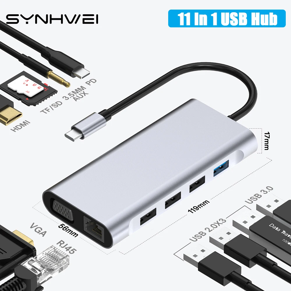 11 в 1 USB C концентратор адаптер типа к 4K HDMI VGA RJ45 Lan Ethernet SD/TF 3 5 мм AUX порт док-станция