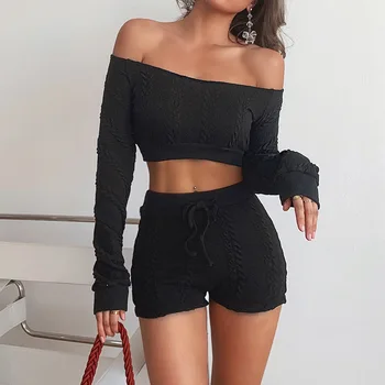 

New Solid Fashion Autumn Summer Sexy Shorts Crop Top Tops Suit Female Linen Flower Long-Sleeved Women's Sets Cotton 2 Piece Set