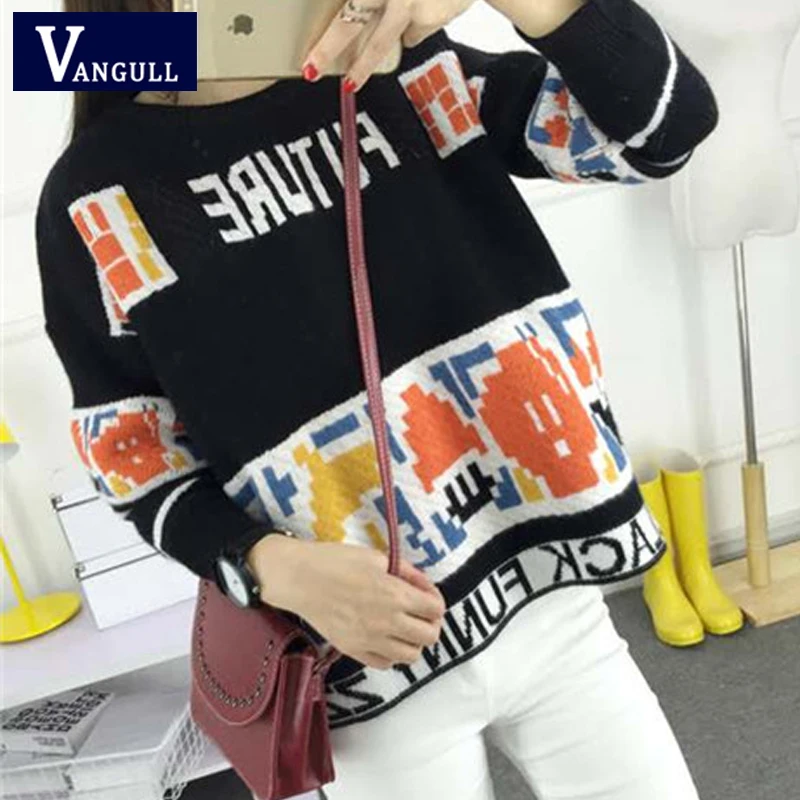 Vangull Letter Print Sweater Preppy Style Knitted Pullovers 2019 Autumn Fashion Long Sleeve O-Neck Women Sweaters and Pullovers