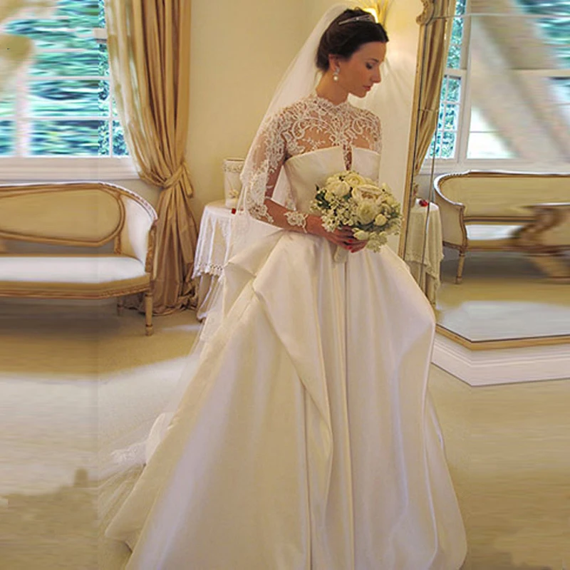 

2020 Romantic High Neck Wedding Dresses A-Line Long Sleeves Lace Backless Appliques Wedding Gown Custom Made Bridal Dresses