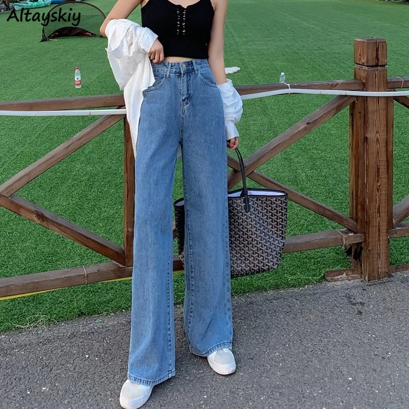 Vintage Jeans Women Solid Denim Wide Leg Trousers High Waist Draped Zipper  Fly All match Mopping Loose Korean Fashion Pockets OL|Jeans| - AliExpress