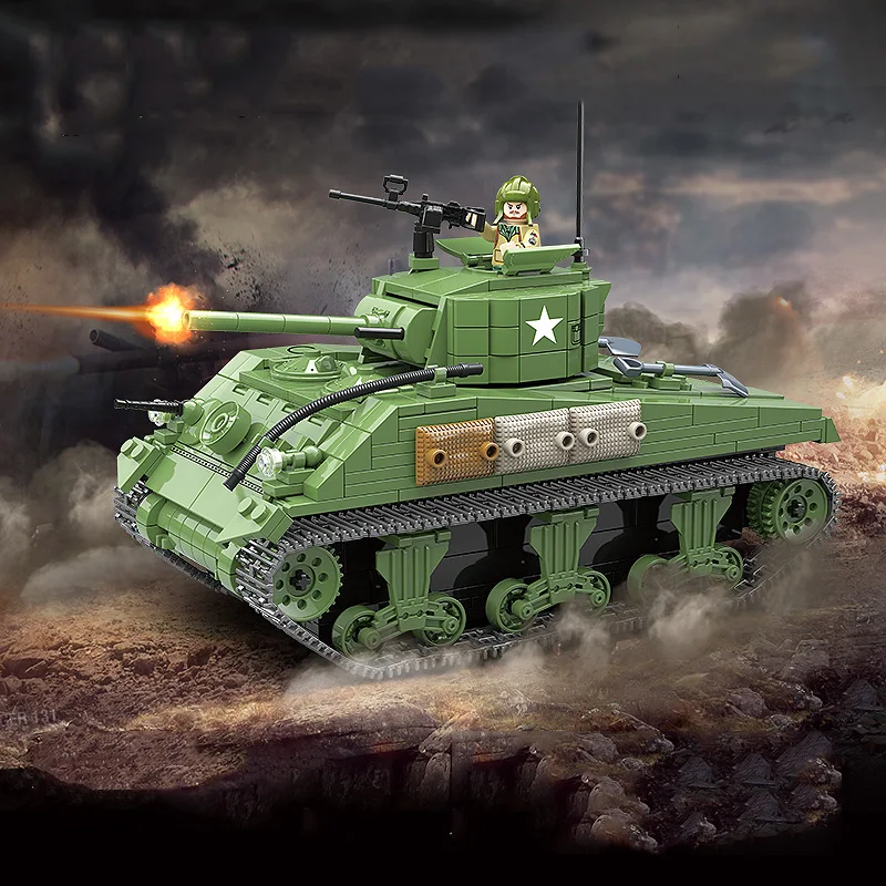 Najtaniej 726 sztuk wojskowy US Sherman M4 zbiornik klocki legoing WW2 wojskowy czołg armii żołnierzy figurki kask części broni cegły