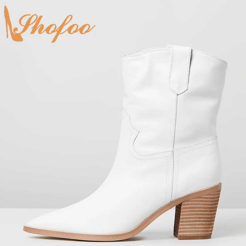 

Shofoo Milky White Ankle Boots Woman Stacked Wood-Look Heels Pointed Toe Booties Large Size 12 15 Ladies Winter Fashion Shoes