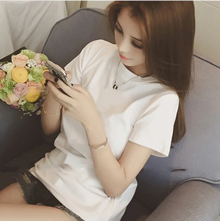 

2019 Korean-style Summer White Simple Tops Qmilch round Large Size Loose-Fit Collar Short Sleeve T-shirt Women's