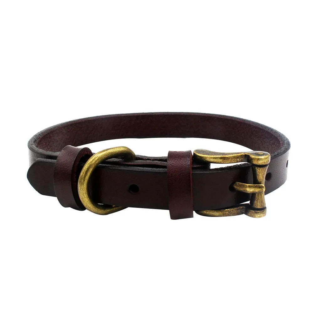 Brown Кожаный ошейник для собак, кошек, кошек, щенков, кошек, ошейник для укусов, инструмент, игрушка из веревки для собак, регулируемые заклепки - Цвет: Brown