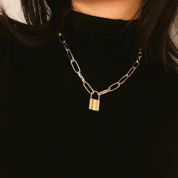 

Vintage Choker Lock Necklace Heavy Layered Chain Lock Pendant Naszyjnik New Punk Jewelry Collier Padlock Necklace for Women Girl