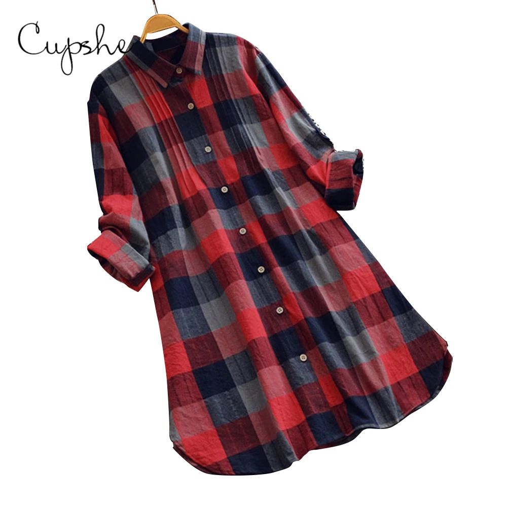 CUPSHE Women Plaid Print Mini Dress Long Sleeve Front Pockets Casual V neck Buttoned Blouse Blusas Top Spring Autumn Shirt Dress