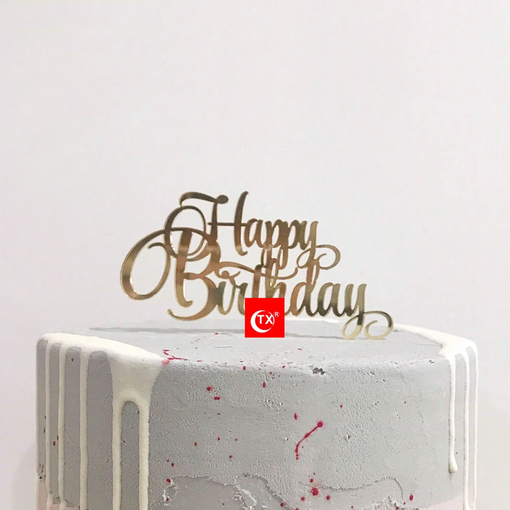 Tx ロマンチックなアクリルゴールドミラーハッピーバースデーケーキトッパー誕生日パーティーの装飾 Bithday ギフト Cake Decorating Supplies Aliexpress