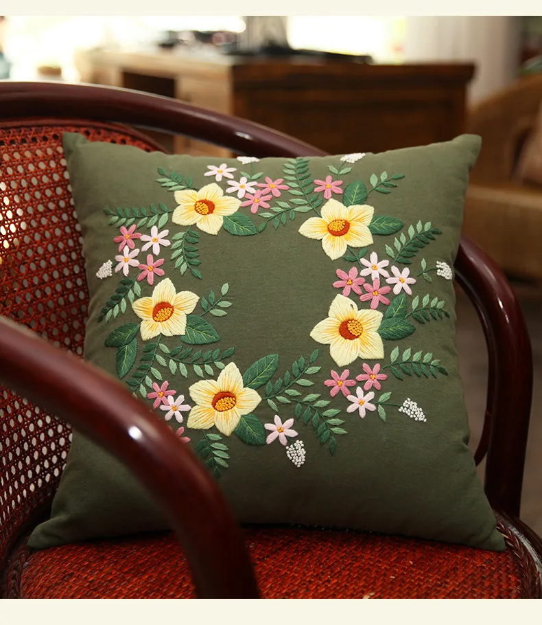 Unfinished Flower Embroidery Kit, Pillow Cushion Case,