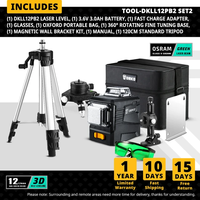 DEKO DC Series 12 Lines 3D Green Laser Level Horizontal And Vertical Cross Lines With Auto Self-Leveling, Indoors and Outdoors DKLL12PB2 SET2