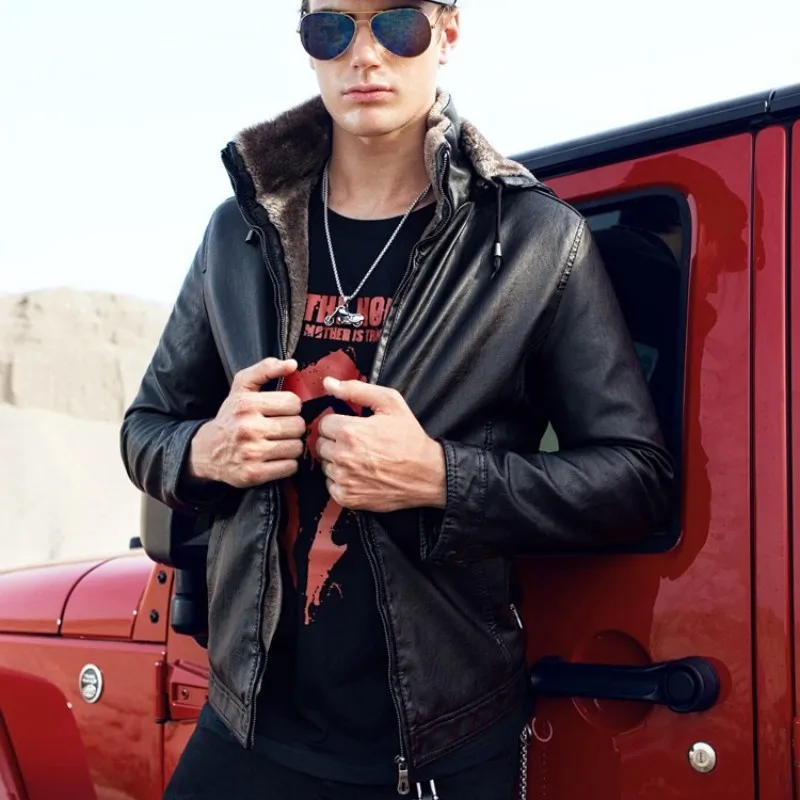 

Brand Top Fashion Jackets New Mens Casual PU Leather Jacket Liner Winter Warm Coat Fur Hooded Parkas Motorcycle Coats