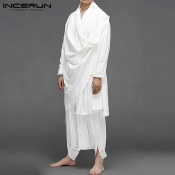 

INCERUN Men Vintage Sets Men Cotton Suits Streetwear Long Sleeve Solid Color Irregular Cloak Blouse Elastic Pants 2 Pieces S-5XL