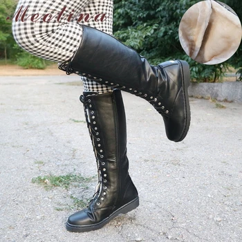

Meotina Winter Motorcycle Boots Women Riding Boots PU Leather Flat Knee High Boots Fur Zipper Round Toe Long Shoes Lady Fall 43
